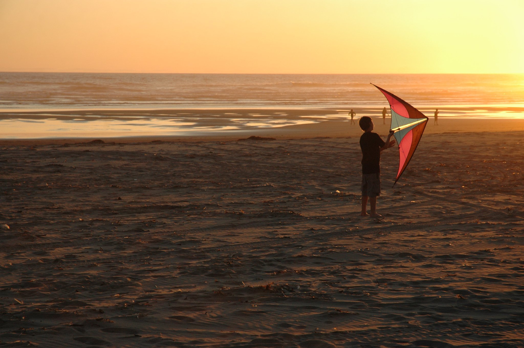 A child standing on a beach holding a kite at sunset.