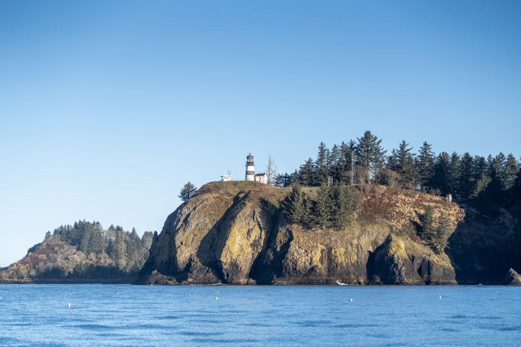 The ocean in the foreground and a rocky cliffside and a lighthouse backed by a forest in the background.