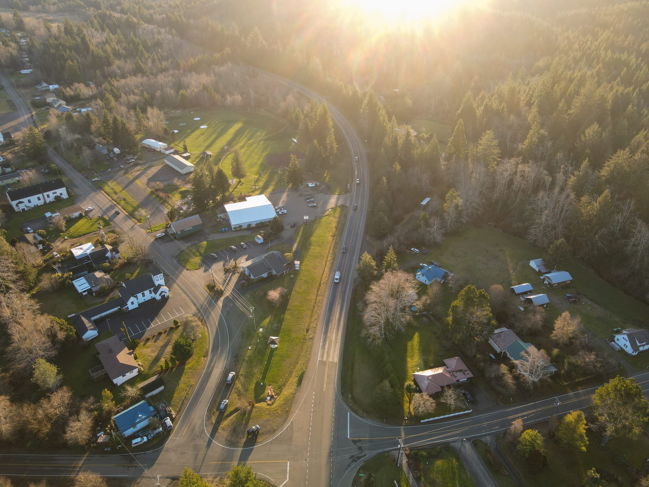 A bird's-eye view of the town of Naselle and its various roads, forests and buildings.