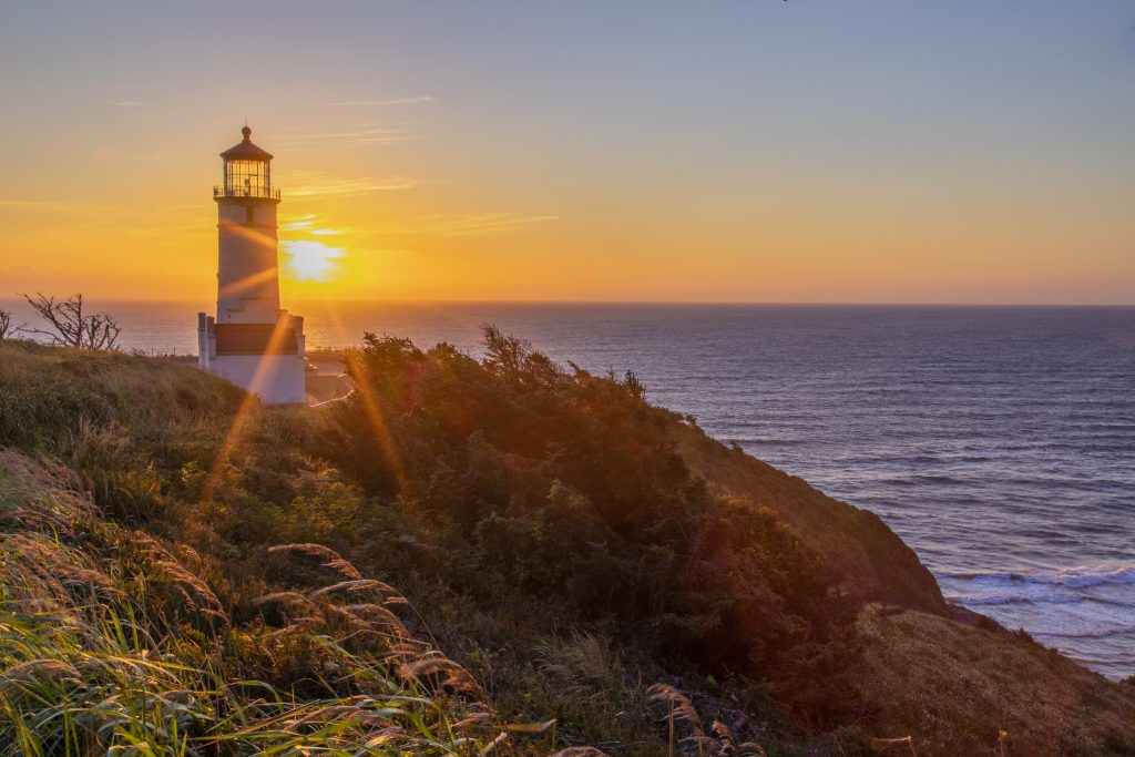 A lighthouse surrounded by tall grass, perched on a cliff above the ocean.